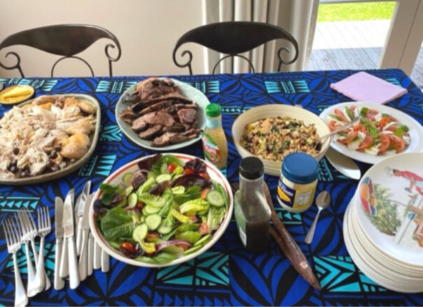 Delicious kai on the table with a colourful Pasifika cloth 